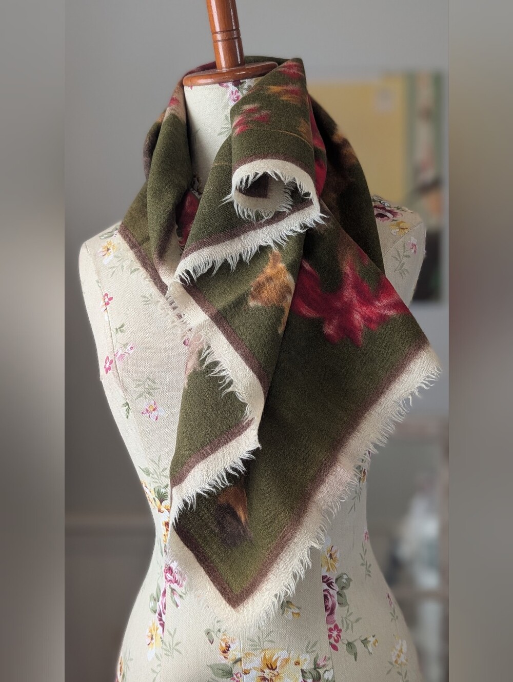 Wool Olive Green Floral Fringe Scarf - Handmade